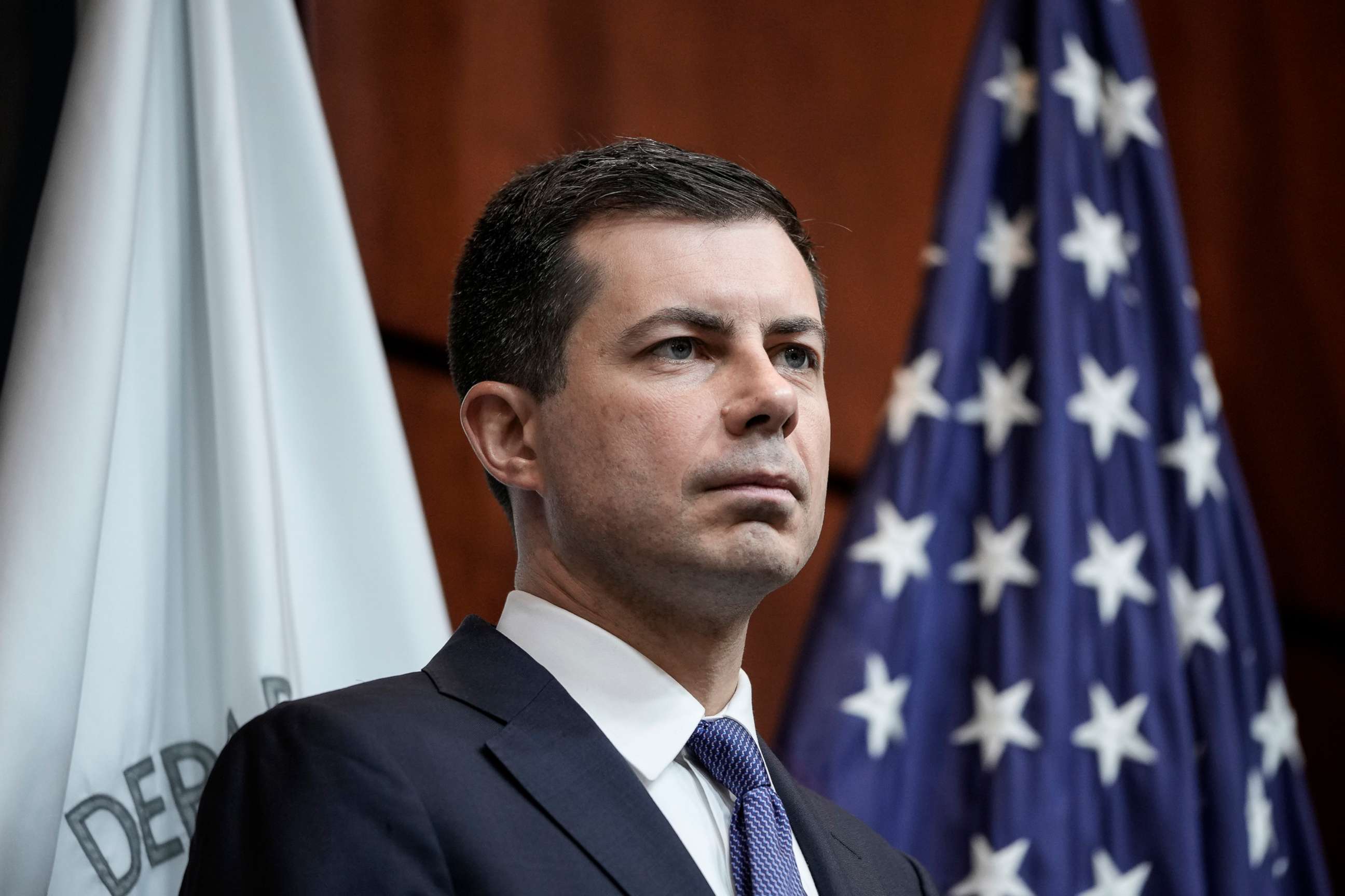 PHOTO: In this April 1, 2022 file photo Secretary of Transportation Pete Buttigieg speaks during an event about fuel economy standards at the headquarters of the Department of Transportation in Washington, D.C.