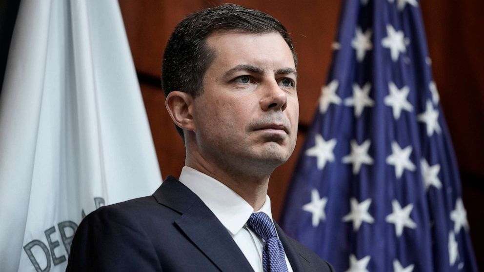 PHOTO: In this April 1, 2022 file photo Secretary of Transportation Pete Buttigieg speaks during an event about fuel economy standards at the headquarters of the Department of Transportation in Washington, D.C.