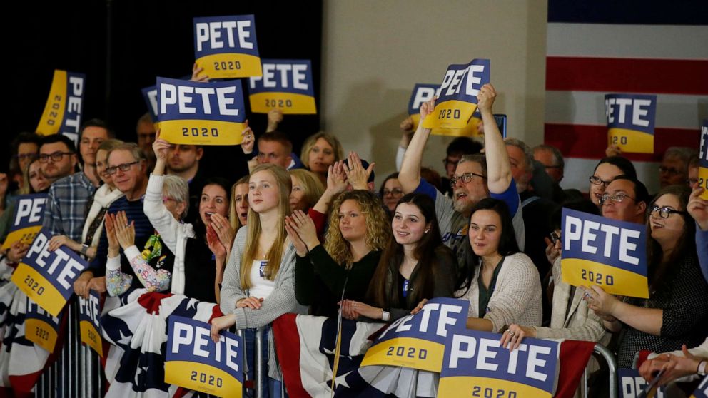 PHOTO: People cheer as Democratic presidential candidate former South Bend, Ind., Mayor Pete Buttigieg speaks at a campaign event Saturday, Feb. 1, 2020 in Cedar Rapids, Iowa (AP Photo/Sue Ogrocki)