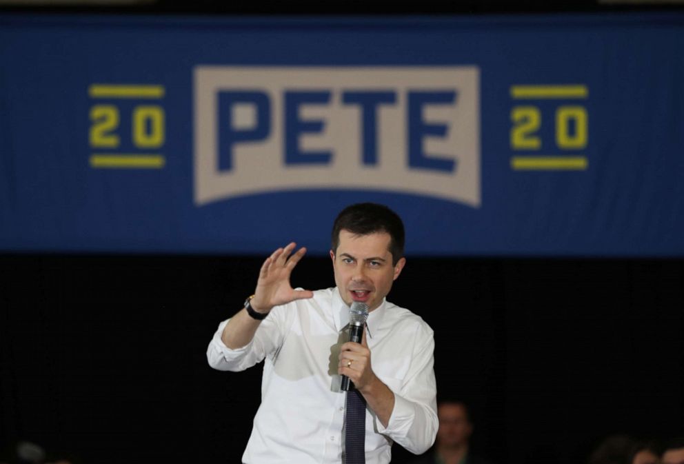 PHOTO: Former South Bend, Indiana, Mayor Pete Buttigieg speaks during a campaign event held at the Kirkwood Hotel on Feb. 1, 2020, in  Cedar Rapids, Iowa.