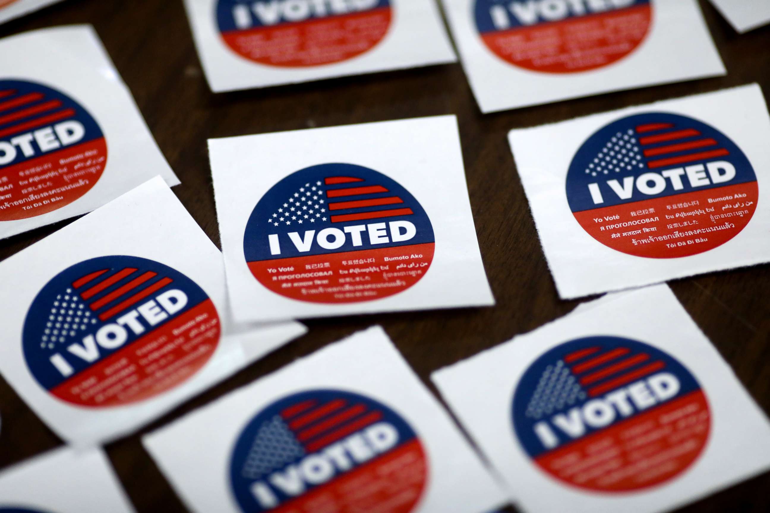 PHOTO: &amp;quot;I voted&amp;quot; stickers are seen during the California gubernatorial recall election in Long Beach, Calif., Sept. 14, 2021.