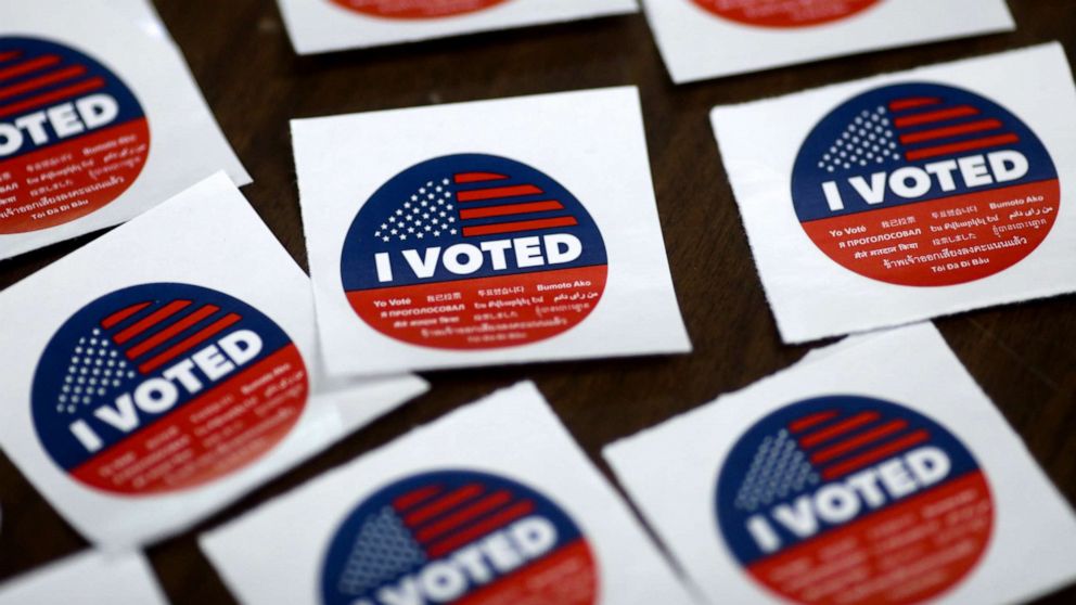 PHOTO: &amp;quot;I voted&amp;quot; stickers are seen during the California gubernatorial recall election in Long Beach, Calif., Sept. 14, 2021.