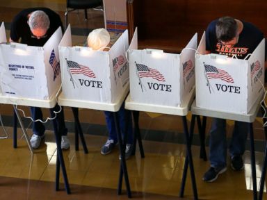 PHOTO: Voters mark their ballot at the Santa Monica City Hall polling station as Californians turned out for the states primary elections, June 5, 2018.