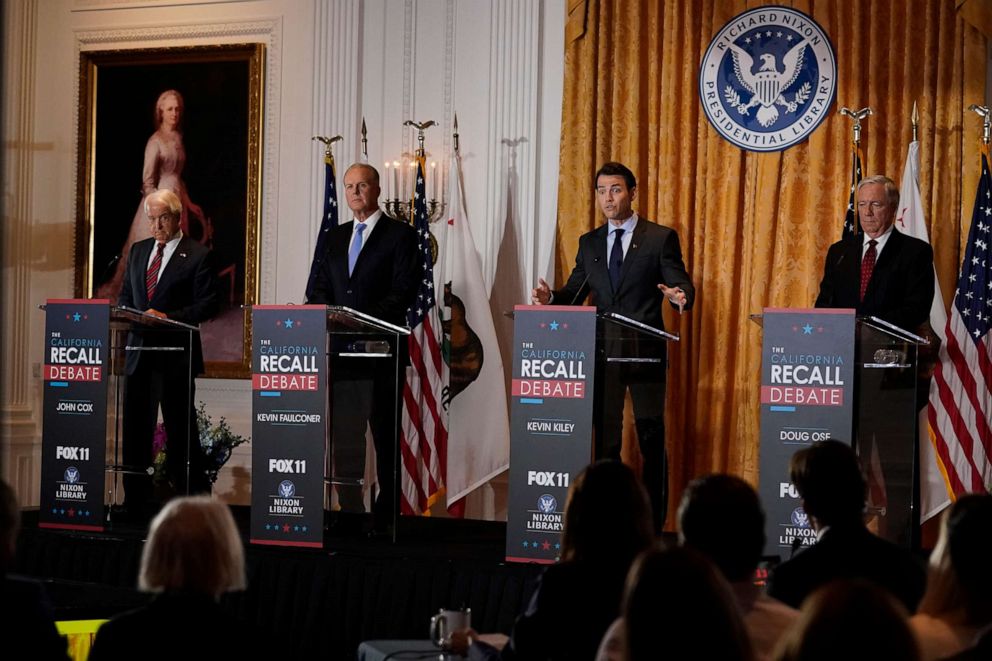 From left, Republican candidates for California governor, John Cox, Kevin Faulconer, Kevin Kiley and Doug Ose participate in a debate at the Richard Nixon Presidential Library Wednesday, Aug. 4, 2021, in Yorba Linda, California.