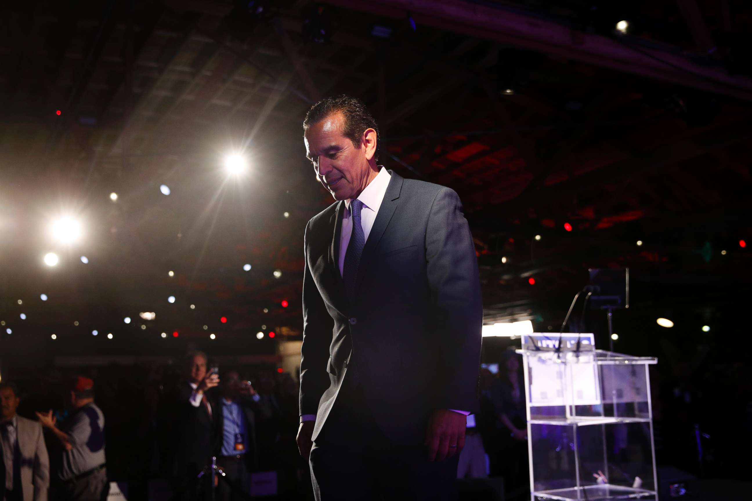PHOTO: Former Los Angeles Mayor Antonio Villaraigosa, a candidate for California governor, walks away from the podium after delivering his remarks at an election-night watch party, June 5, 2018, in Los Angeles. 