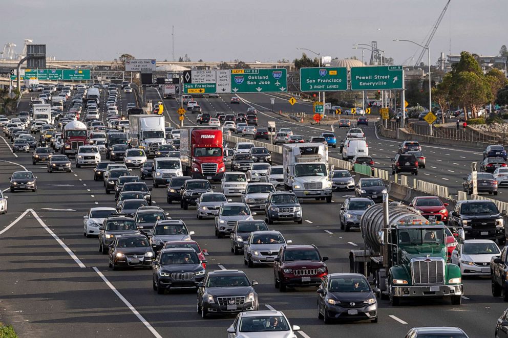 PHOTO: Vehicles drive eastbound on Interstate 80 in Emeryville, Calif., on March 29, 2022.