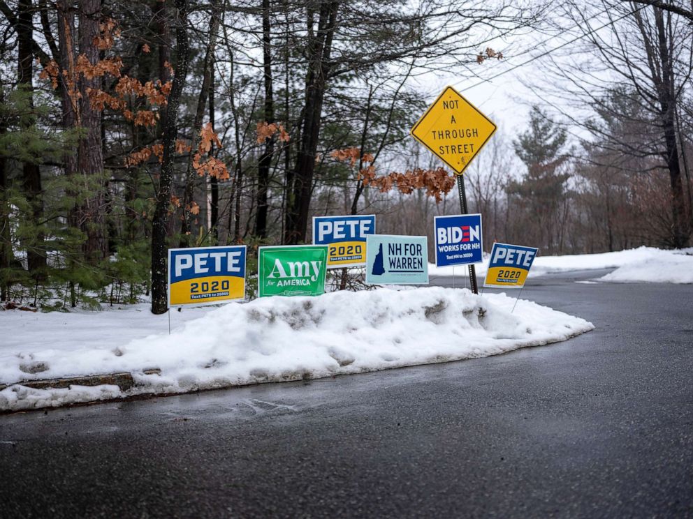PHOTO: Campaign signs outside polling station during the New Hampshire state primary, Feb. 11, 2020.
