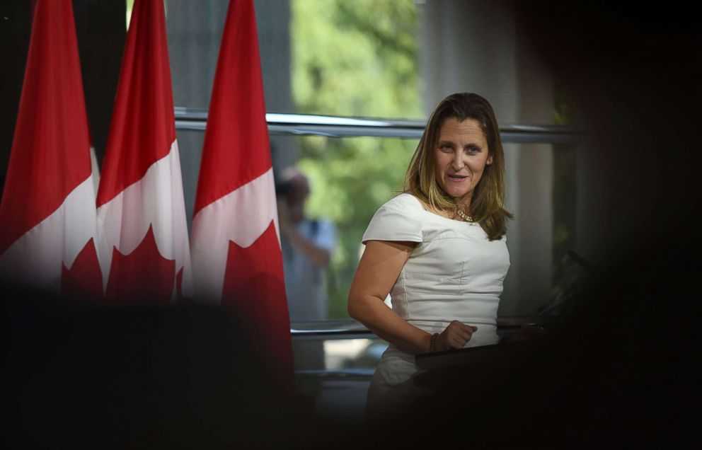 PHOTO: Canadian Foreign Minister Chrystia Freeland speaks at a press conference, Aug. 31, 2018, at the Embassy of Canada in Washington, D.C.