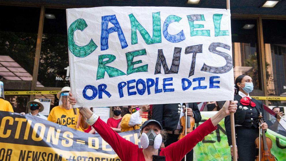 PHOTO: In this file photo taken on Aug. 21, 2020, renters and housing advocates attend a protest to cancel rent and avoid evictions in front of the court house amid the coronavirus pandemic in Los Angeles.