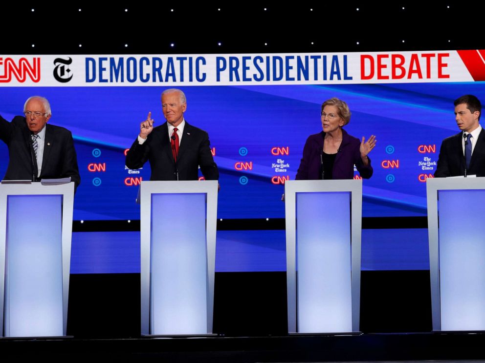 PHOTO: Democratic presidential hopefuls speak during the fourth Democratic primary debate at Otterbein University in Westerville, Ohio, Oct. 15, 2019.