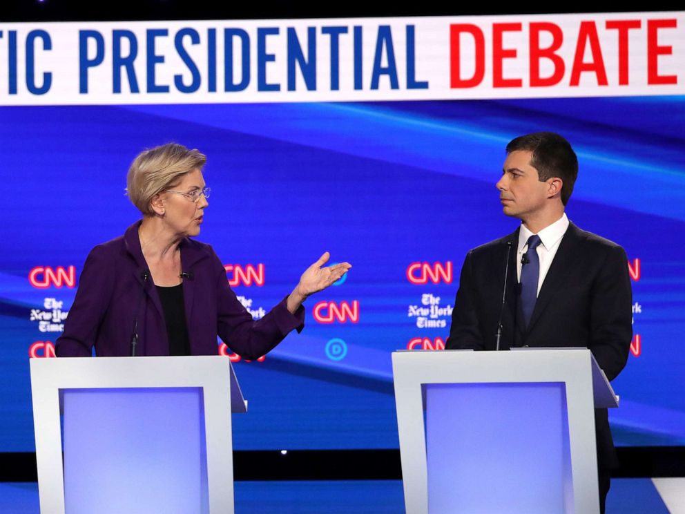 PHOTO: Democratic presidential hopefuls speak during the fourth Democratic primary debate at Otterbein University in Westerville, Ohio, Oct. 15, 2019.
