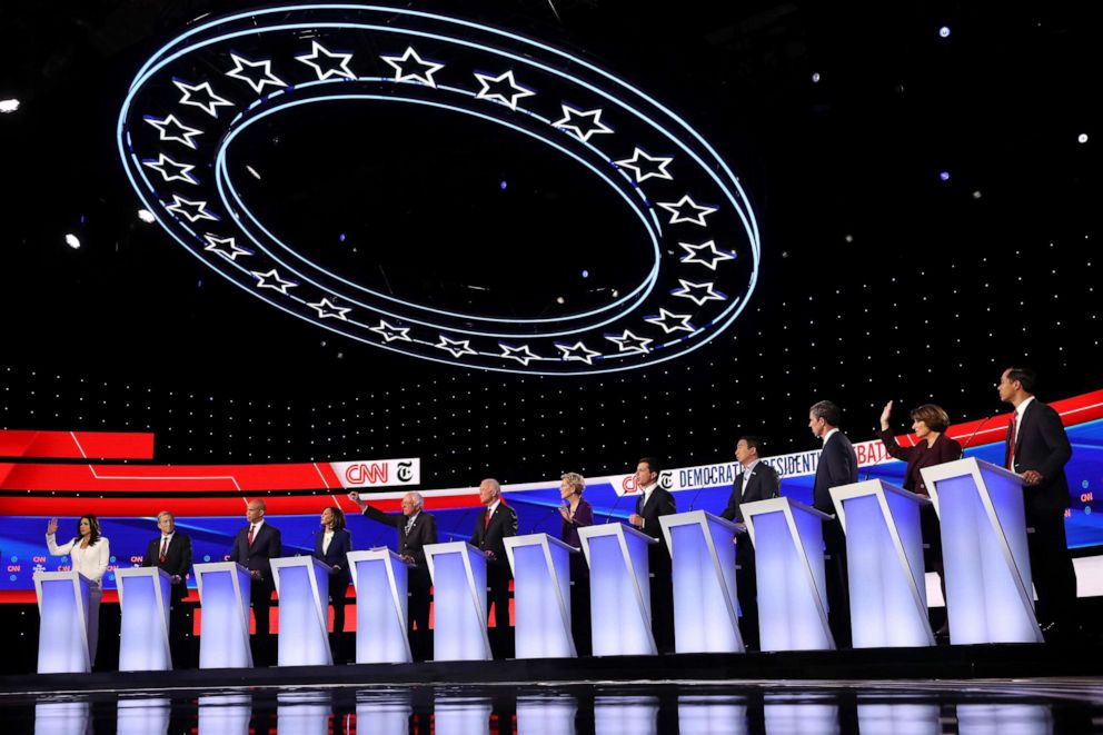 PHOTO: Democratic presidential hopefuls speak during the fourth Democratic primary debate at Otterbein University in Westerville, Ohio, Oct. 15, 2019.