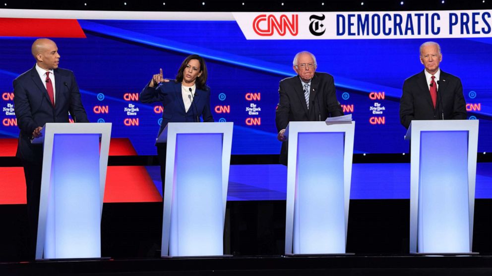 PHOTO: Democratic presidential hopefuls speak during the fourth Democratic primary debate at Otterbein University in Westerville, Ohio, Oct. 15, 2019.