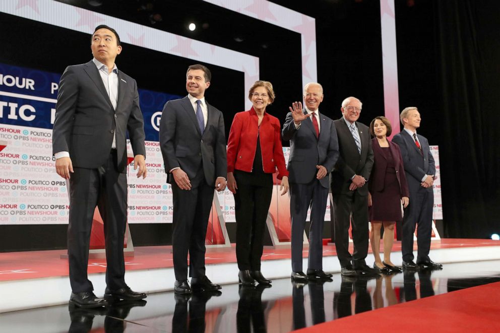 PHOTO: Democratic presidential candidates await the start of the Democratic presidential primary debate at Loyola Marymount University on Dec. 19, 2019, in Los Angeles.