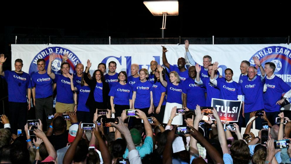 PHOTO: Twenty-one of the Democrats seeking the party's presidential nomination pose together after House Majority Whip Jim Clyburn's "World Famous Fish Fry," Friday, June 21, 2019, in Columbia, S.C.