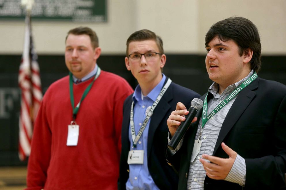 PHOTO: Jack Bergeson, 16, of Wichita, Kansas speaks during a forum with some of the four teenage candidates for Kansas Governor at Free State High School in Lawrence, Kansas, Oct. 19, 2017, joined by Ethan Randleas, 17, of Wichita.