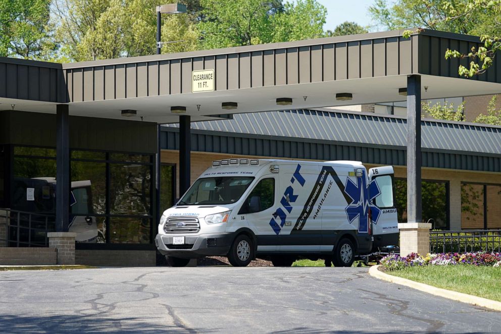 PHOTO: An ambulance is seen outside the Canterbury Rehabilitation & Healthcare Center in Richmond, Virginia, April 16, 2020.