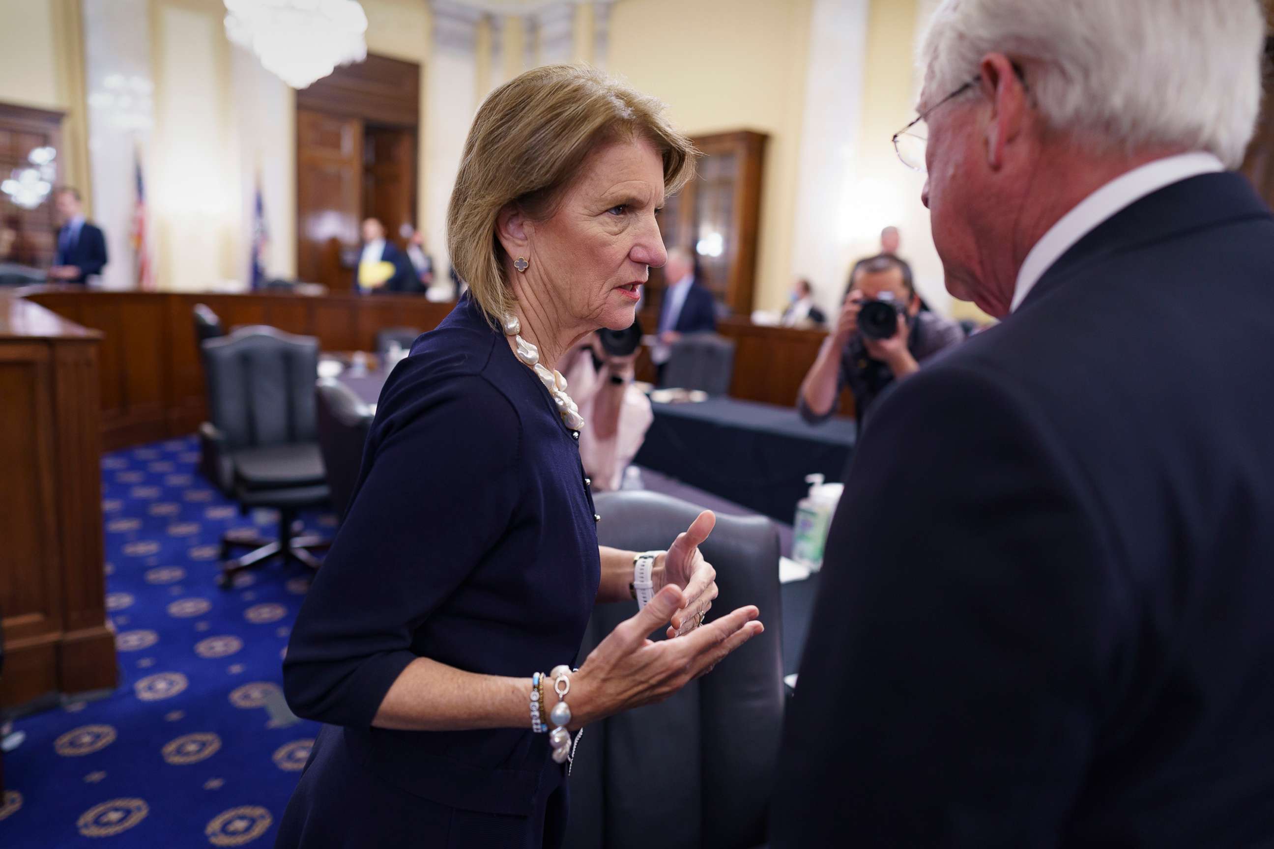 PHOTO: Sen. Shelley Moore Capito, the leader of a group of Republican senators aiming to craft a deal with President Biden on infrastructure legislation, confers with Sen. Roger Wicker at the Capitol in Washington, D.C., May 26, 2021.