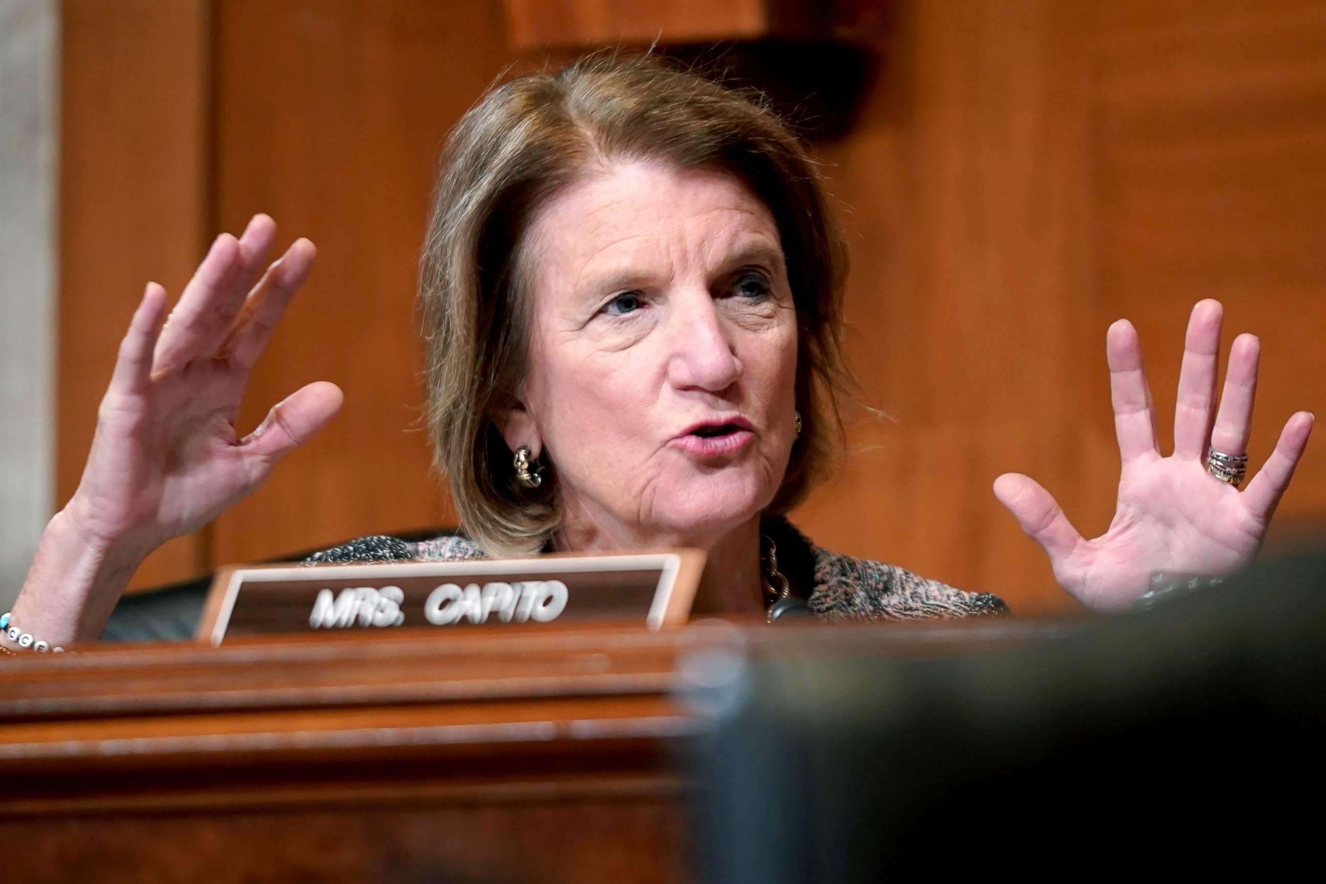 PHOTO: Sen. Shelley Moore Capito asks questions during a Senate Appropriations Subcommittee hearing to examine the FY 2022 budget request for the Centers for Disease Control and Prevention in Washington, D.C. May 19, 2021. 
