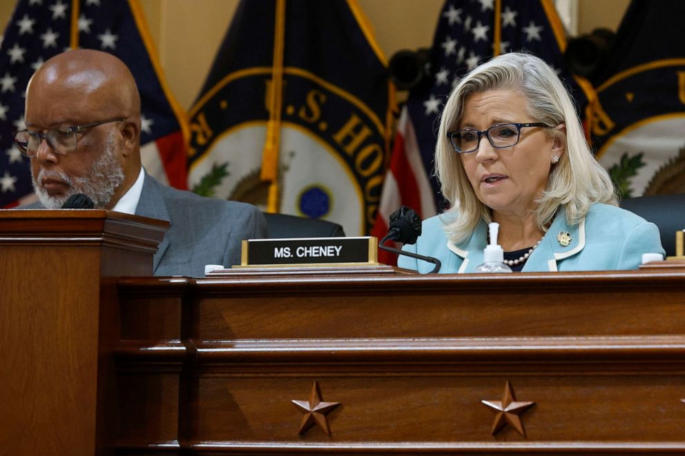 PHOTO: Rep. Liz Cheney with Rep. Bennie Thompson, delivers closing remarks during a hearing on the January 6th investigation in the Cannon House Office Building in Washington, D.C., June 13, 2022.