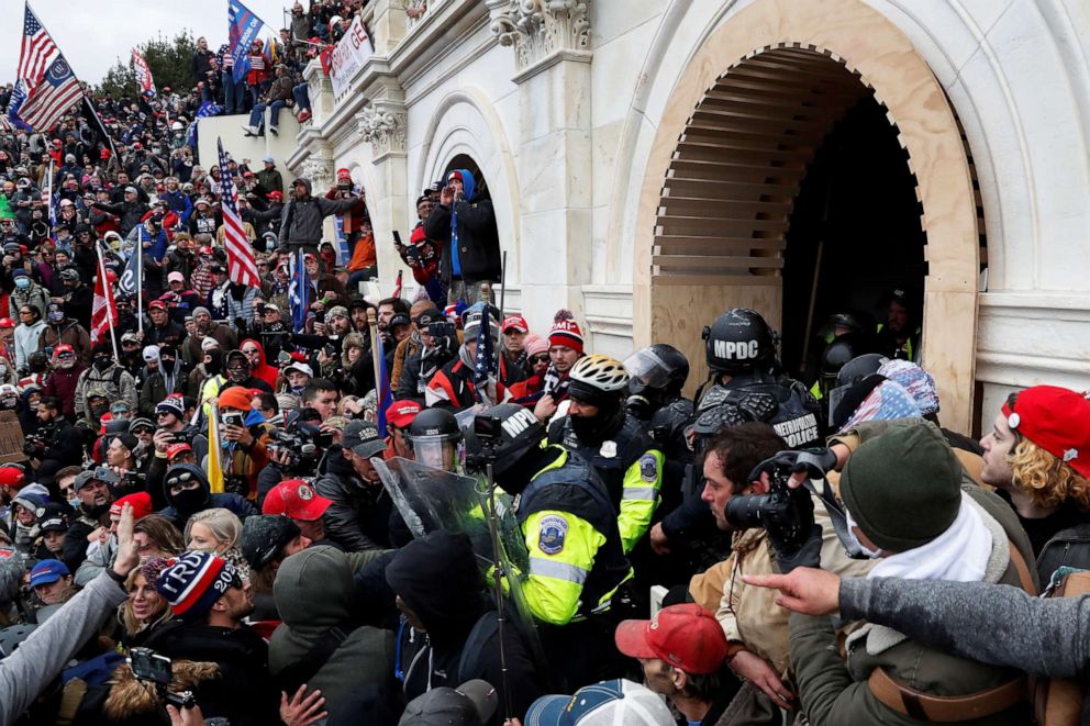 PHOTO: Pro-Trump protesters clash with police during a rally at the U.S. Capitol Building in Washington, D.C., Jan. 6, 2021. 