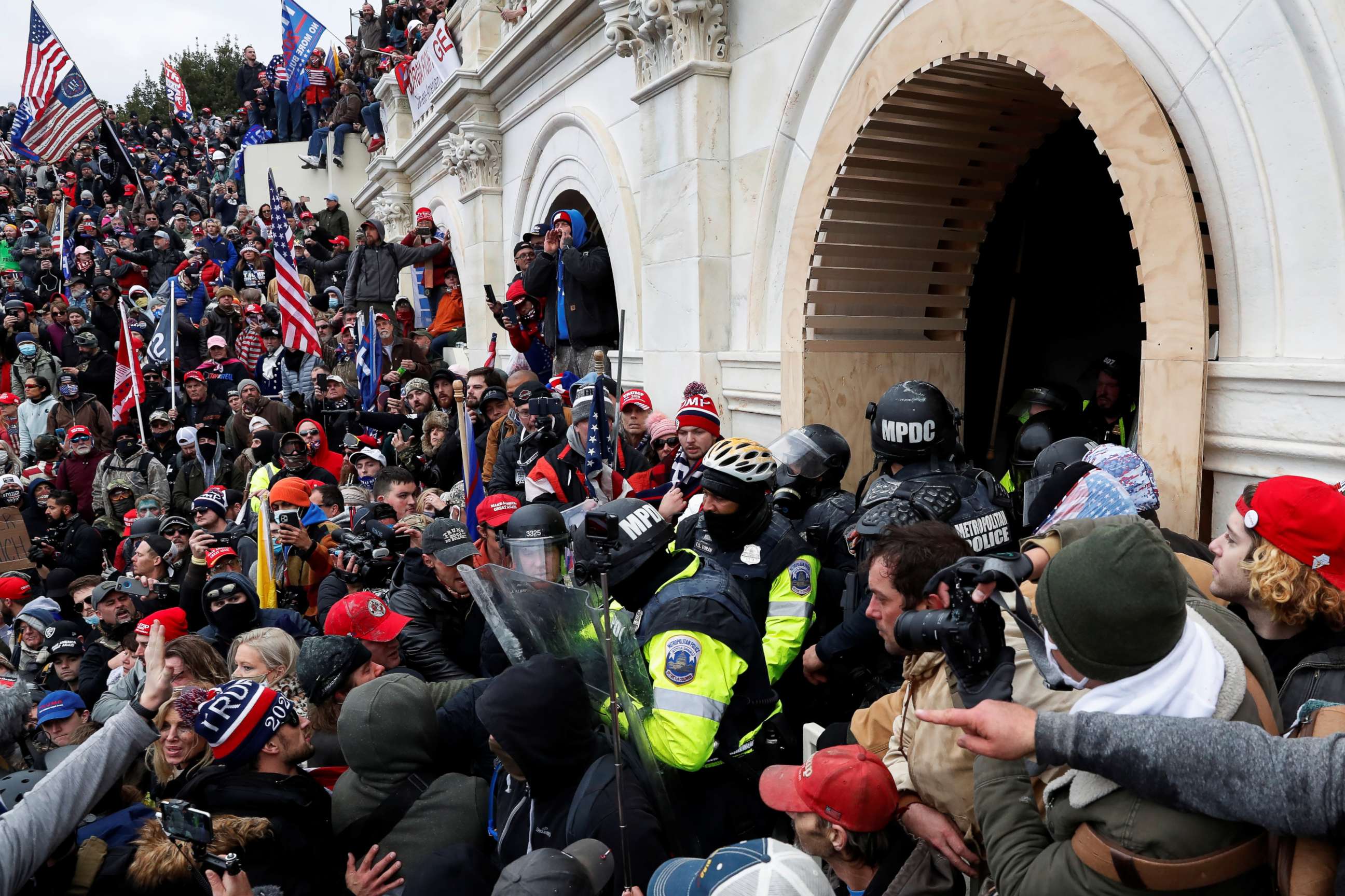 PHOTO: Pro-Trump protesters clash with police during a rally at the U.S. Capitol Building in Washington, D.C., Jan. 6, 2021. 