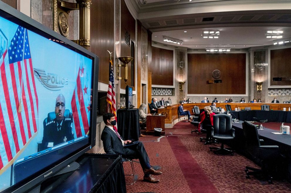 PHOTO: Washington Metropolitan Police Department Acting Chief Robert Contee III testifies via teleconference before a Senate Homeland Security and Governmental Affairs & Senate Rules and Administration joint hearing on Capitol Hill, Feb. 23, 2021