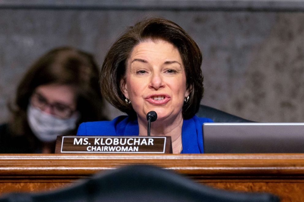 PHOTO: Chairwoman Amy Klobuchar speaks at the start of a Senate Homeland Security and Governmental Affairs & Senate Rules and Administration joint hearing on Capitol Hill, Washington, DC, Feb. 23, 2021.