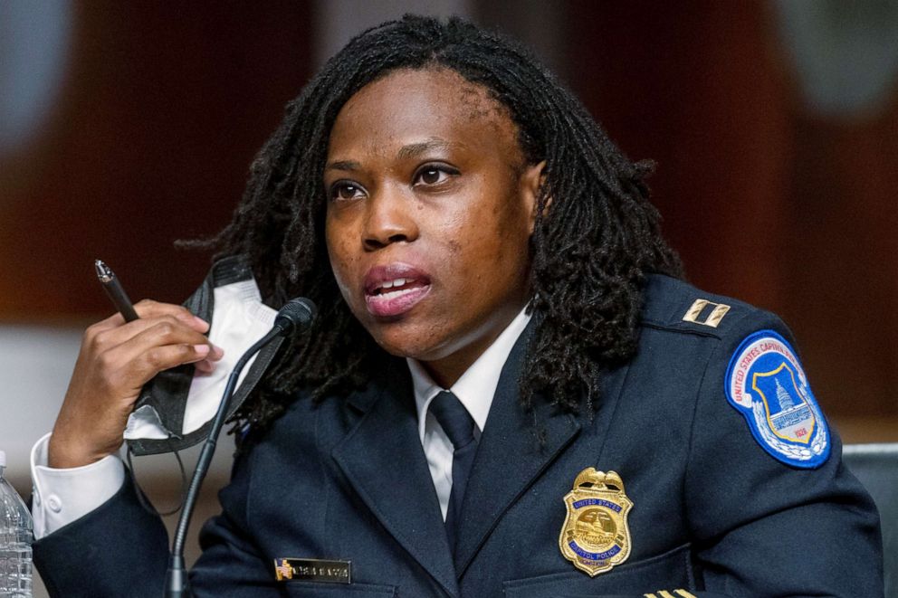 PHOTO: Capitol Police Capt. Carneysha Mendoza speaks at a Senate Homeland Security and Governmental Affairs & Senate Rules and Administration joint hearing on Capitol Hill, Washington, Feb. 23, 2021.