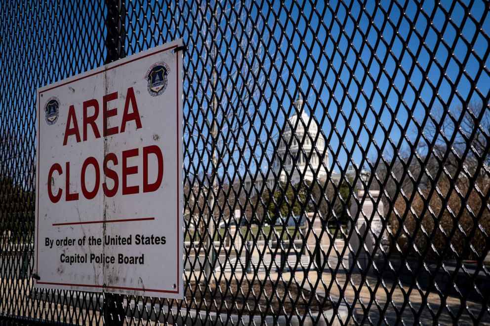 PHOTO: Fences and barriers surround the U.S. Capitol after being re-installed ahead of President Joe Biden's State of the Union Address before a Joint Session of Congress, Feb. 27, 2022, in Washington, DC.