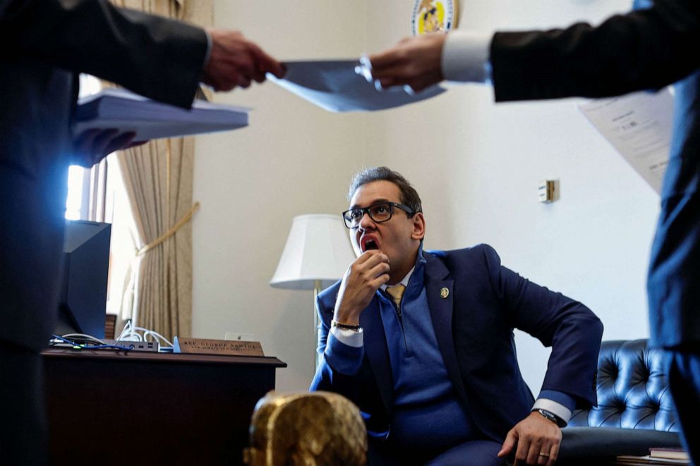 PHOTO: FILE - U.S. Representative George Santos assigns legislative aides to read a bill by one of his colleagues, for him to decide whether to join as a co-sponsor, in his Capitol Hill office in Washington, D.C., Feb, 28, 2023.