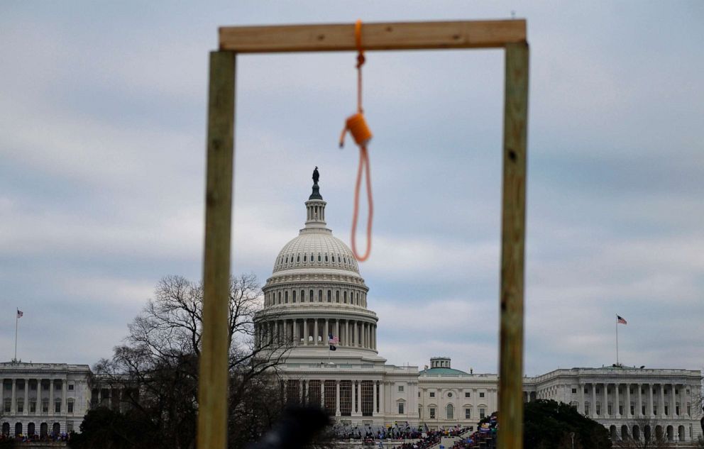 PHOTO: A noose is seen on makeshift gallows as supporters of President Donald Trump gather on the West side of the Capitol, Jan. 6, 2021.