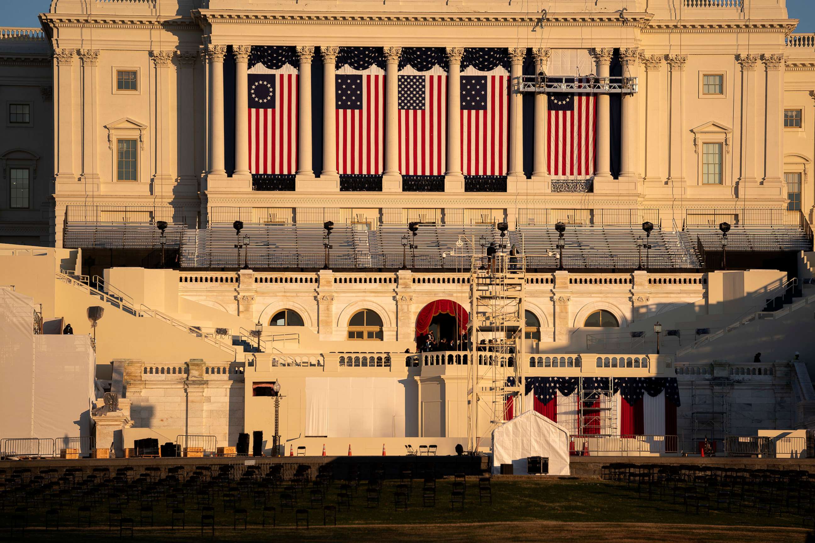 PHOTO: Chairs are set up as the stage for the Presidential Inauguration is prepared outside the Capitol, Jan. 12, 2021.