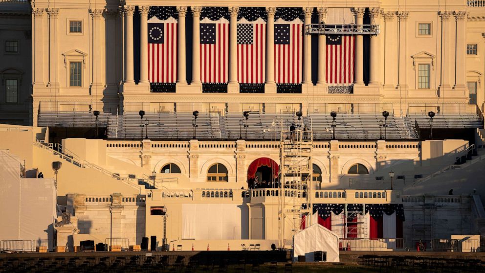 PHOTO: Chairs are set up as the stage for the Presidential Inauguration is prepared outside the Capitol, Jan. 12, 2021.