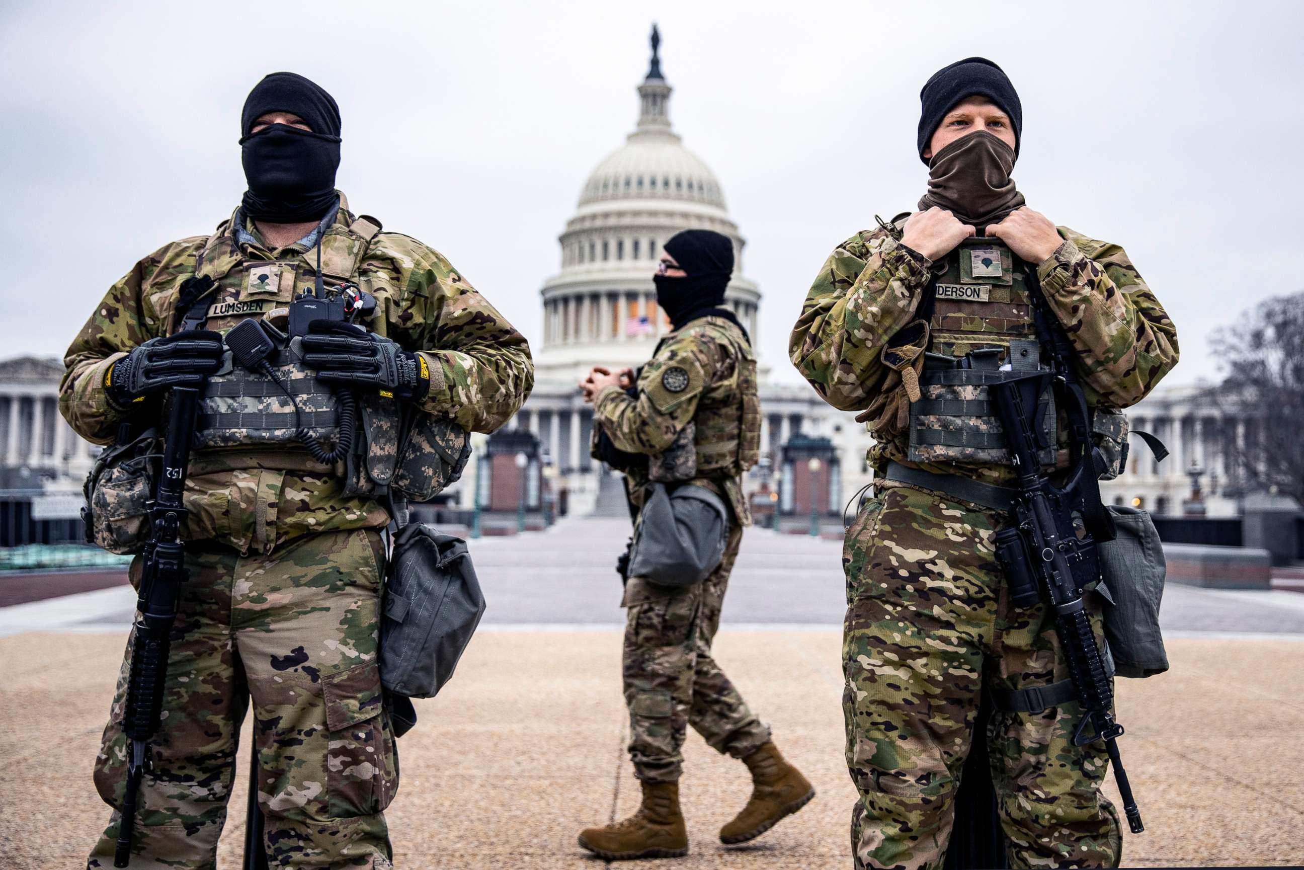 PHOTO: National Gaurd members patrol the U.S. Capitol on Feb. 13, 2021 in Washington, D.C., during the final day of the impeachment hearing of former President Donald Trump.