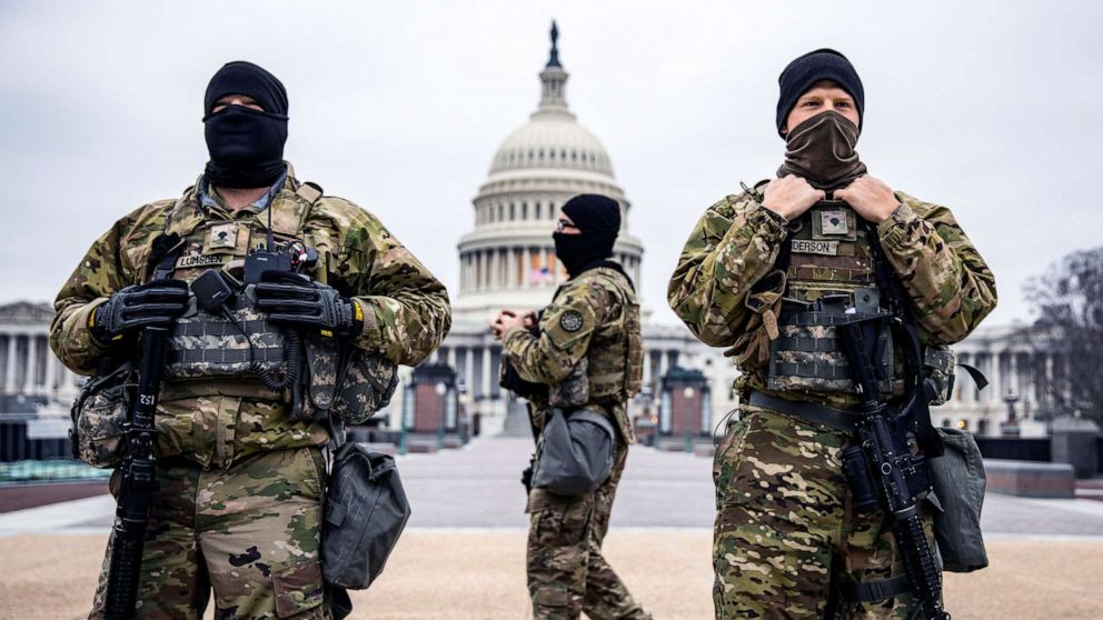 PHOTO: National Gaurd members patrol the U.S. Capitol on Feb. 13, 2021 in Washington, D.C., during the final day of the impeachment hearing of former President Donald Trump.