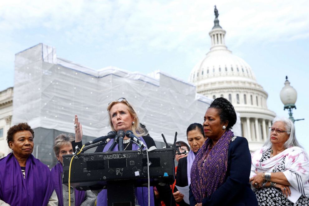 PHOTO: Rep. Debbie Dingell speaks as Rep. Barbara Lee and Rep. Sheila Jackson Lee, second from right, listen at a news conference after the House voted to reauthorize the Violence Against Women Act, Thursday, April 4, 2019, on Capitol Hill in Washington.