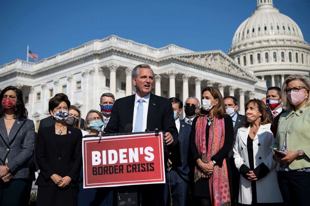 PHOTO: House Minority Leader Kevin McCarthy, joined by other Republican House members, speaks during a news conference about the situation at the United States southern border, outside of the Capitol, March 11, 2021. 