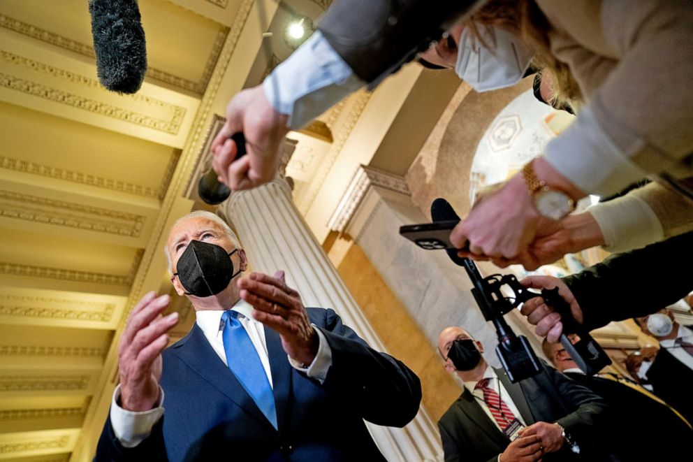 PHOTO: President Joe Biden speaks to reporters  after attending an event in Statuary Hall on the first anniversary of the Jan. 6, 2021 attack on the Capitol by supporters of former President Donald Trump, on Capitol Hill in Washington, D.C., Jan. 6, 2022.