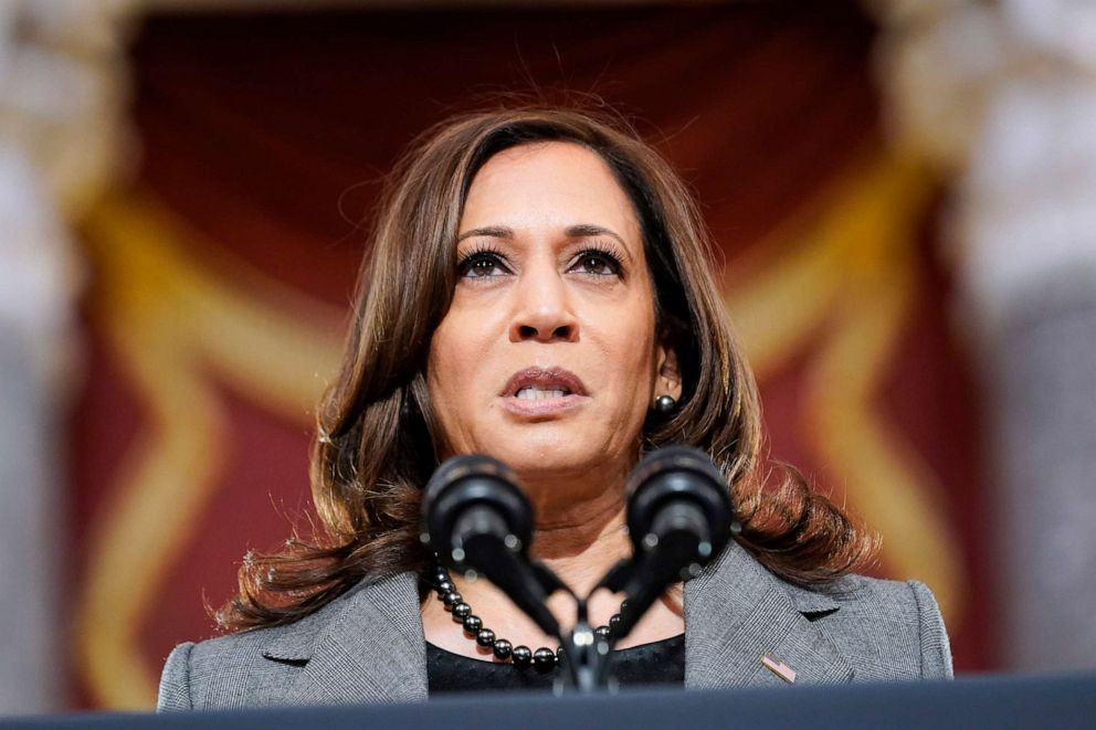 PHOTO: Vice President Kamala Harris speaks from Statuary Hall at the U.S. Capitol to mark the one year anniversary of the Jan. 6 riot at the Capitol by supporters loyal to then-President Donald Trump, Jan. 6, 2022. 