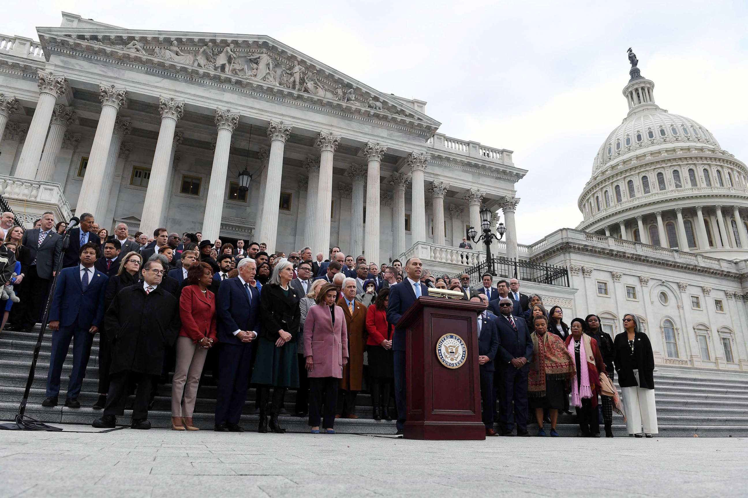 PHOTO: US Democratic Representative of New York, Hakeem Jeffries, speaks as he is joined by a bipartisan group of lawmaker on the east front steps of the US Capitol on the second anniversary of the January 6, 2021 attack in Washington, DC, Jan. 6, 2023.