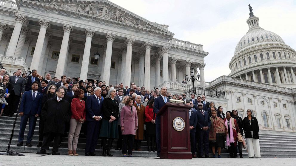 PHOTO: US Democratic Representative of New York, Hakeem Jeffries, speaks as he is joined by a bipartisan group of lawmaker on the east front steps of the US Capitol on the second anniversary of the January 6, 2021 attack in Washington, DC, Jan. 6, 2023.