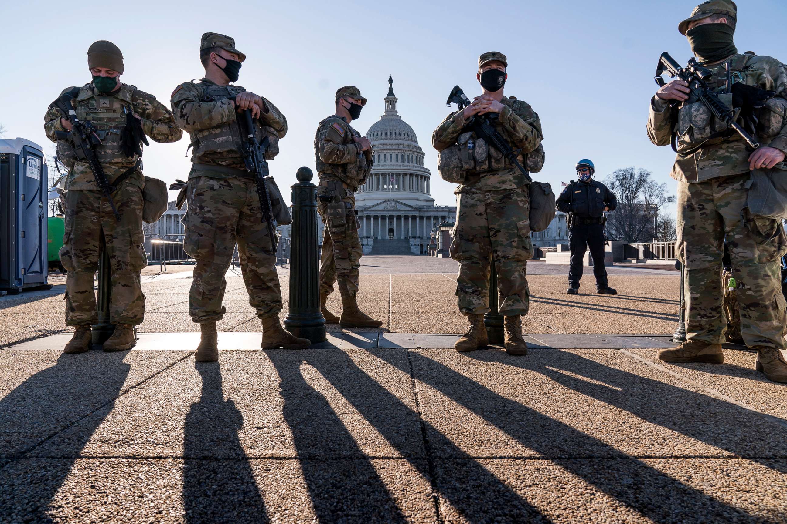 PHOTO: Members of the Michigan National Guard and the U.S. Capitol Police keep watch as heightened security remains in effect around the Capitol, in Washington, D.C., March 3, 2021.