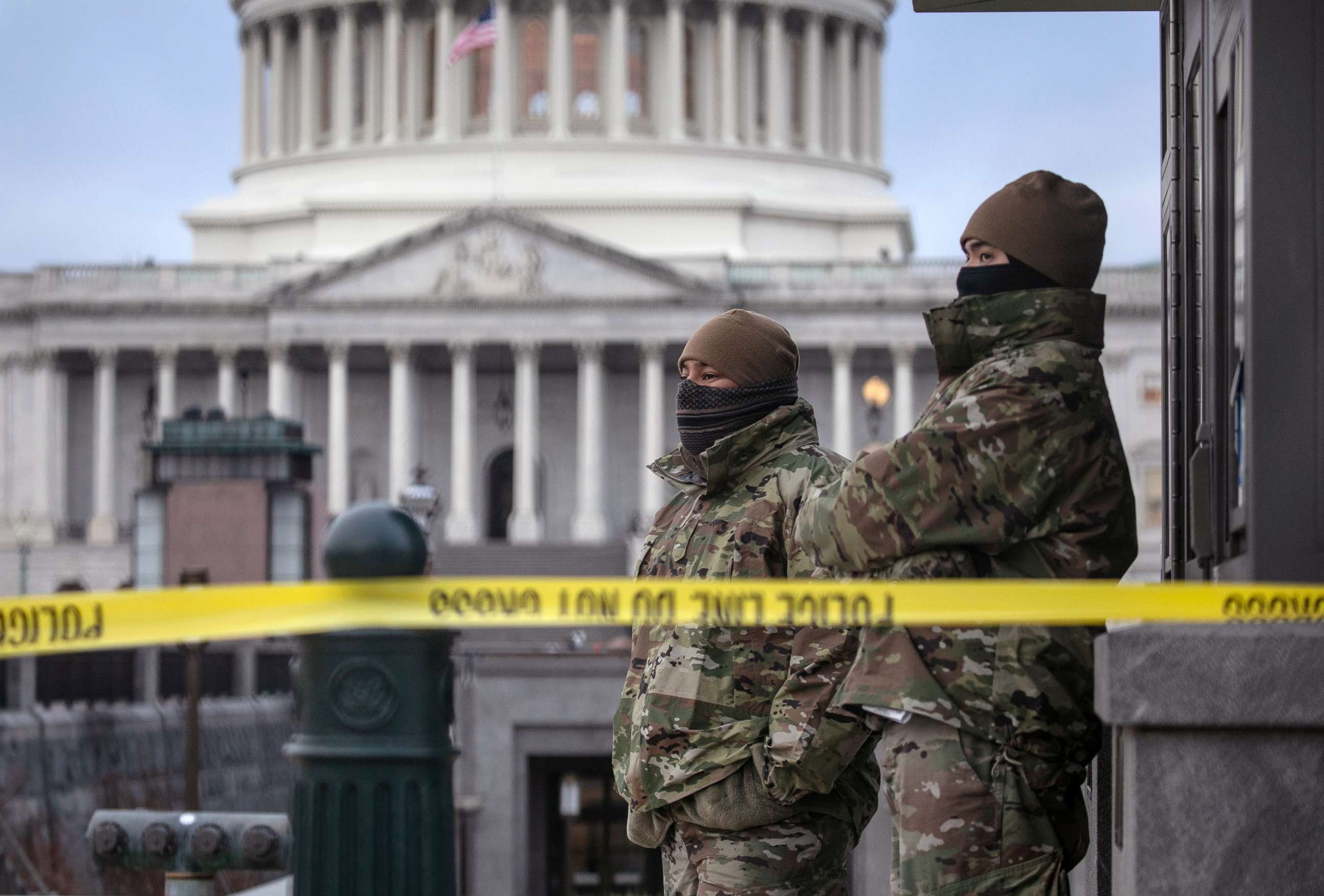 PHOTO: D.C. National Guard troops stand watch at the U.S. Capitol on Jan. 8, 2021, in Washington, D.C.