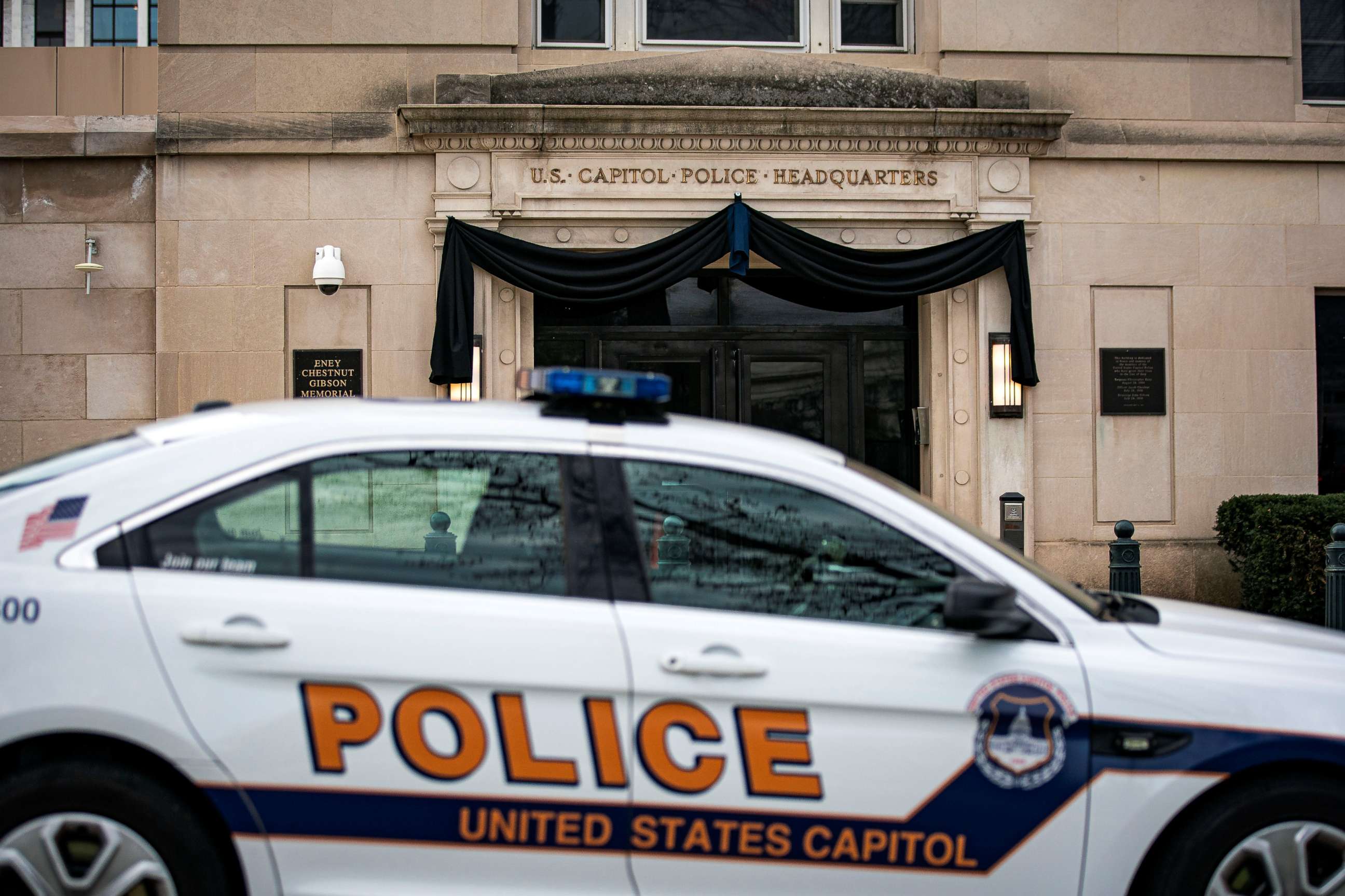 PHOTO: Black bunting is displayed at the entrance to the U.S. Capitol Police headquarters, following the death of U.S. Capitol Police Officer William Evans, who was killed on April 2, 2021. 