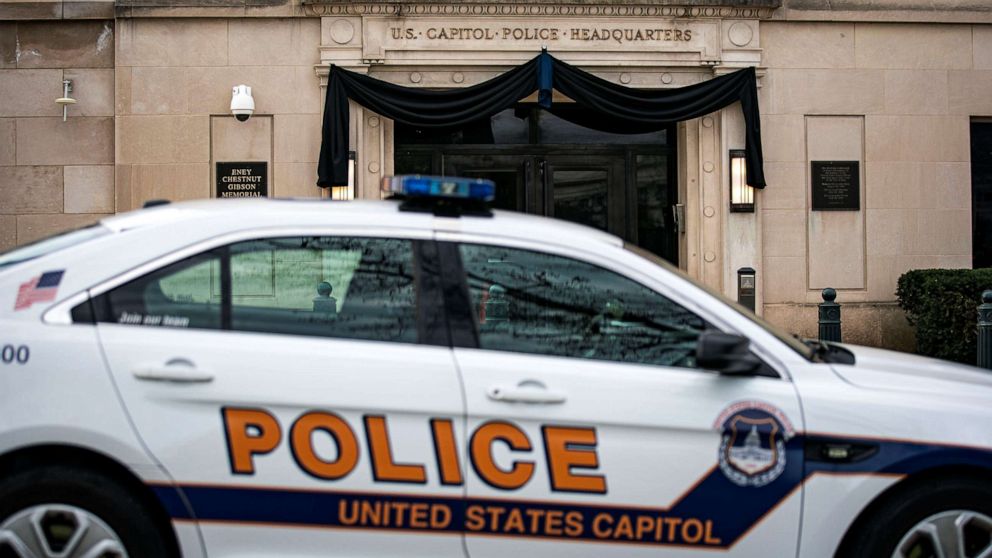 PHOTO: Black bunting is displayed at the entrance to the U.S. Capitol Police headquarters, following the death of U.S. Capitol Police Officer William Evans, who was killed on April 2, 2021. 