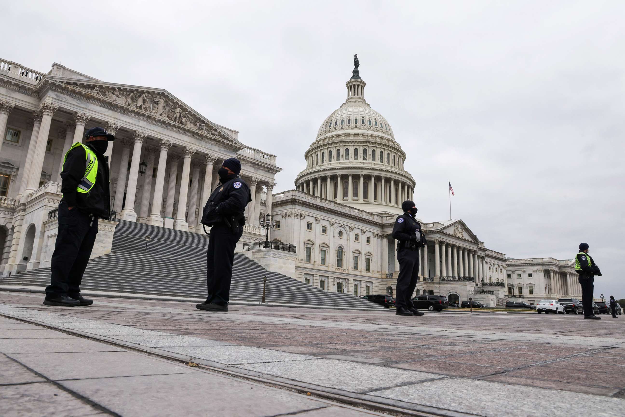 PHOTO: U.S. Capitol Police stand guard on a plaza surrounding the Capitol before Congress meets to certify the electoral college vote for President-elect Joe Biden in Washington, D.C., Jan. 6, 2021.