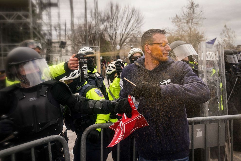 PHOTO: Trump supporters try to break through a police barrier, Jan. 6, 2021, at the Capitol in Washington.