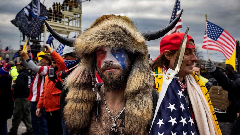 PHOTO: Jacob Anthony Angeli Chansley, known as the QAnon Shaman, is seen outside the Capital building on Jan. 6, 2021, in Washington. On Jan. 9, Chansley was arrested on federal charges including violent entry and disorderly conduct on Capitol grounds.