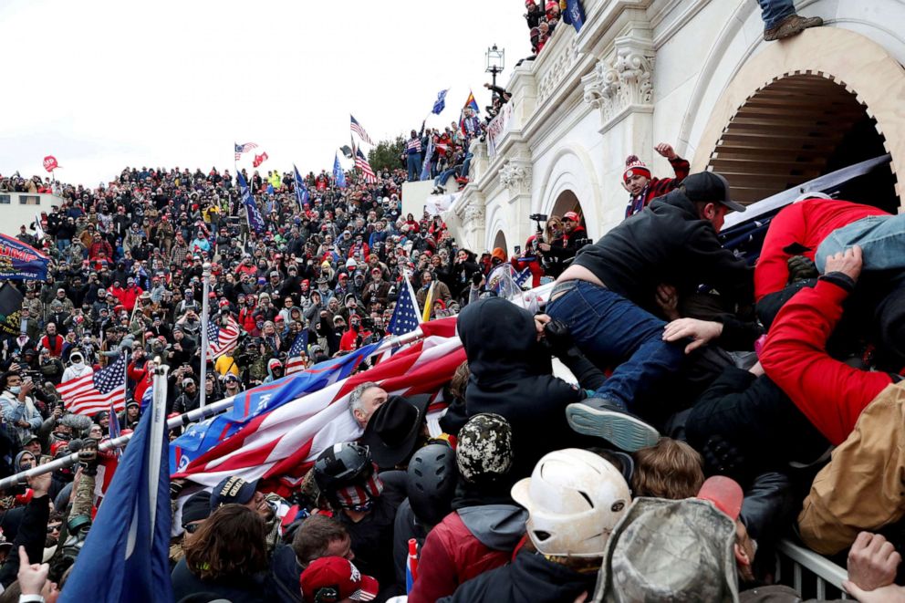 PHOTO: Pro-Trump protesters storm into the U.S. Capitol to stop the certification of the 2020 U.S. presidential election results by the U.S. Congress in Washington, Jan. 6, 2021.